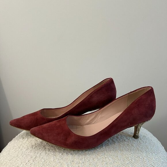 Kate Spade Burgundy Suede Pointed Toe Kitten Heels w/ Glitter Heel – US 7 - Picture 4 of 7